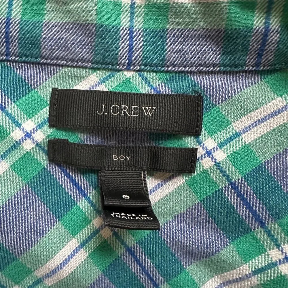 J. Crew Boy Shirt Green Blue Plaid Button Up Front Preppy Casual Western Farm